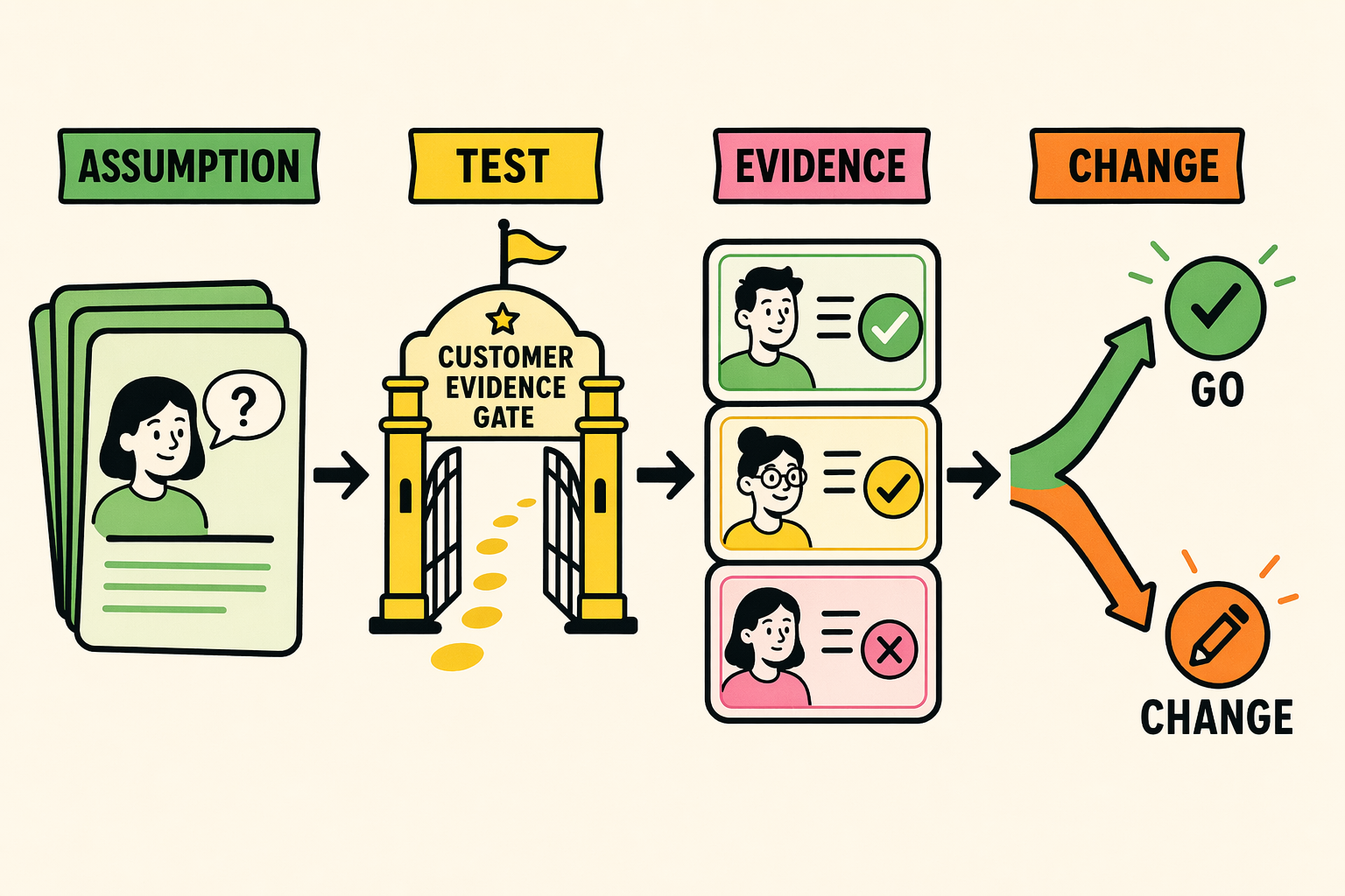 Illustrated customer validation game showing assumptions tested against evidence and a go or change decision